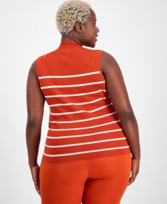 Plus Size Striped Mock-Neck Sleeveless Sweater