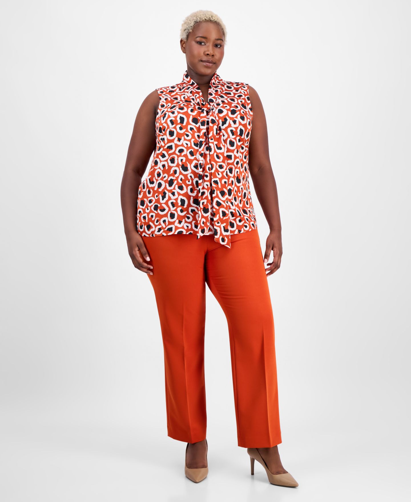 Женский топ Tahari ASL Plus Size Printed Bow-Neck Sleeveless, цвет: Persimmon — фото 2