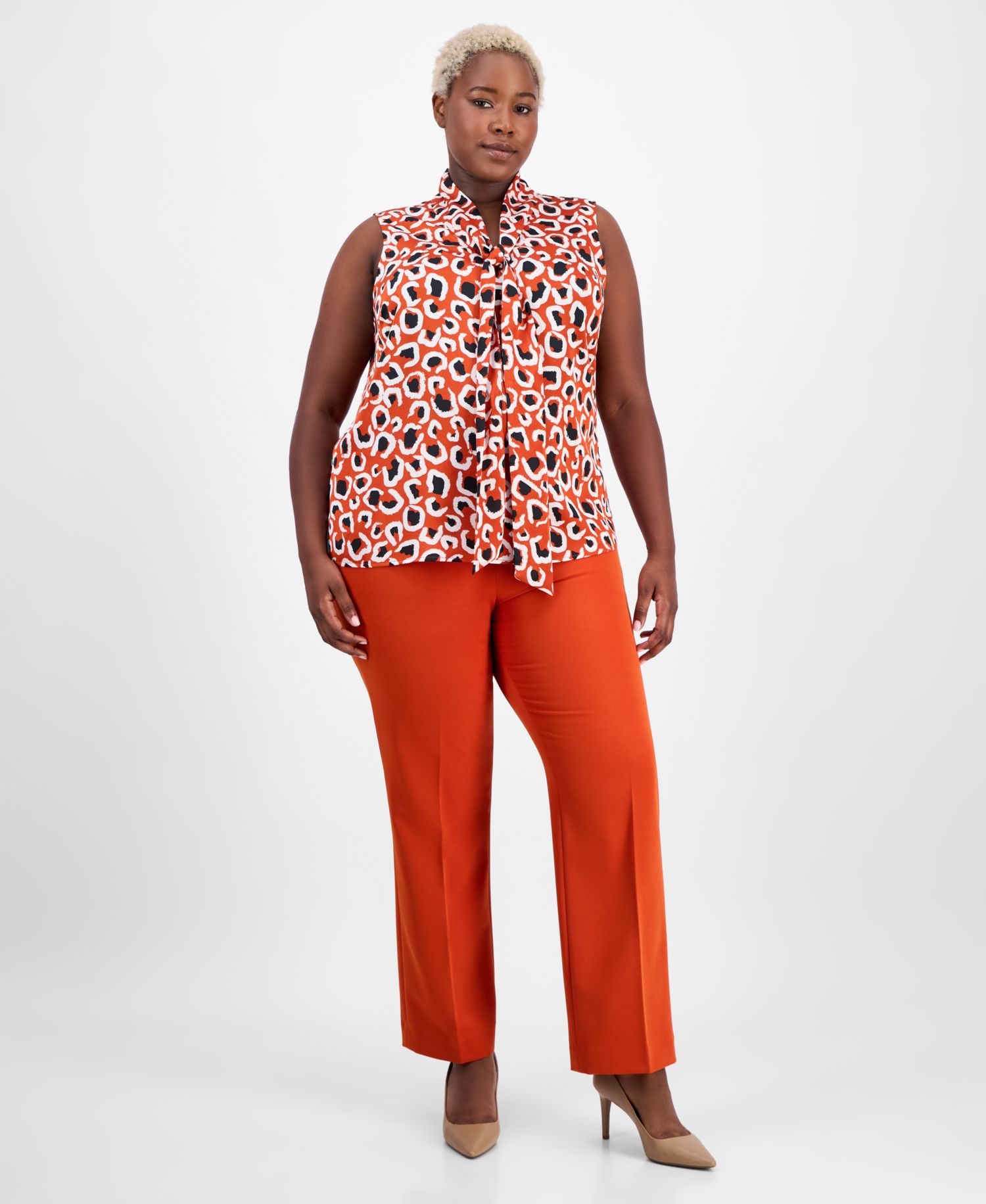 ASL Plus Size Printed Bow-Neck Sleeveless Top