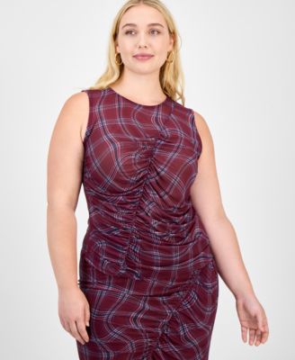 Bar III - Trendy Plus Plaid Asymmetric-Ruching Top