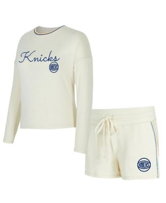 Concepts Sport - Women's Cream New York Knicks Kaki Hacci Knit Long Sleeve T-Shirt and Shorts Set