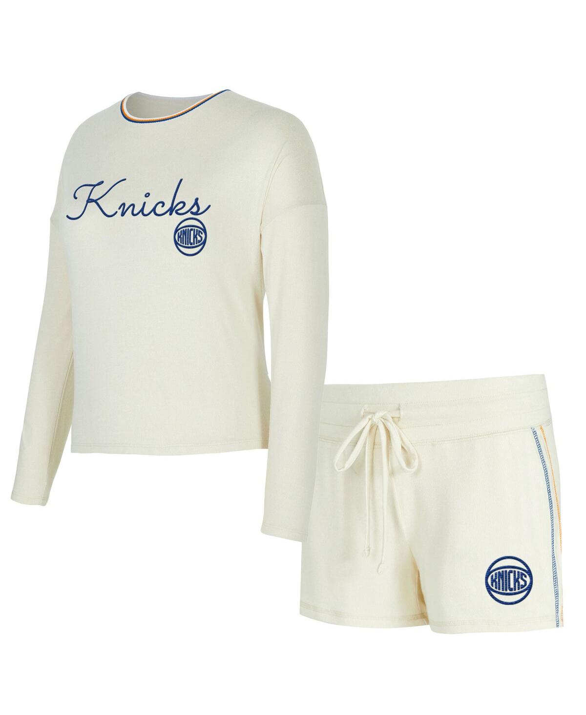 Women's 2-Piece Cream New York Knicks Kaki Hacci Knit Long Sleeve T-Shirt and Shorts Set - Cream