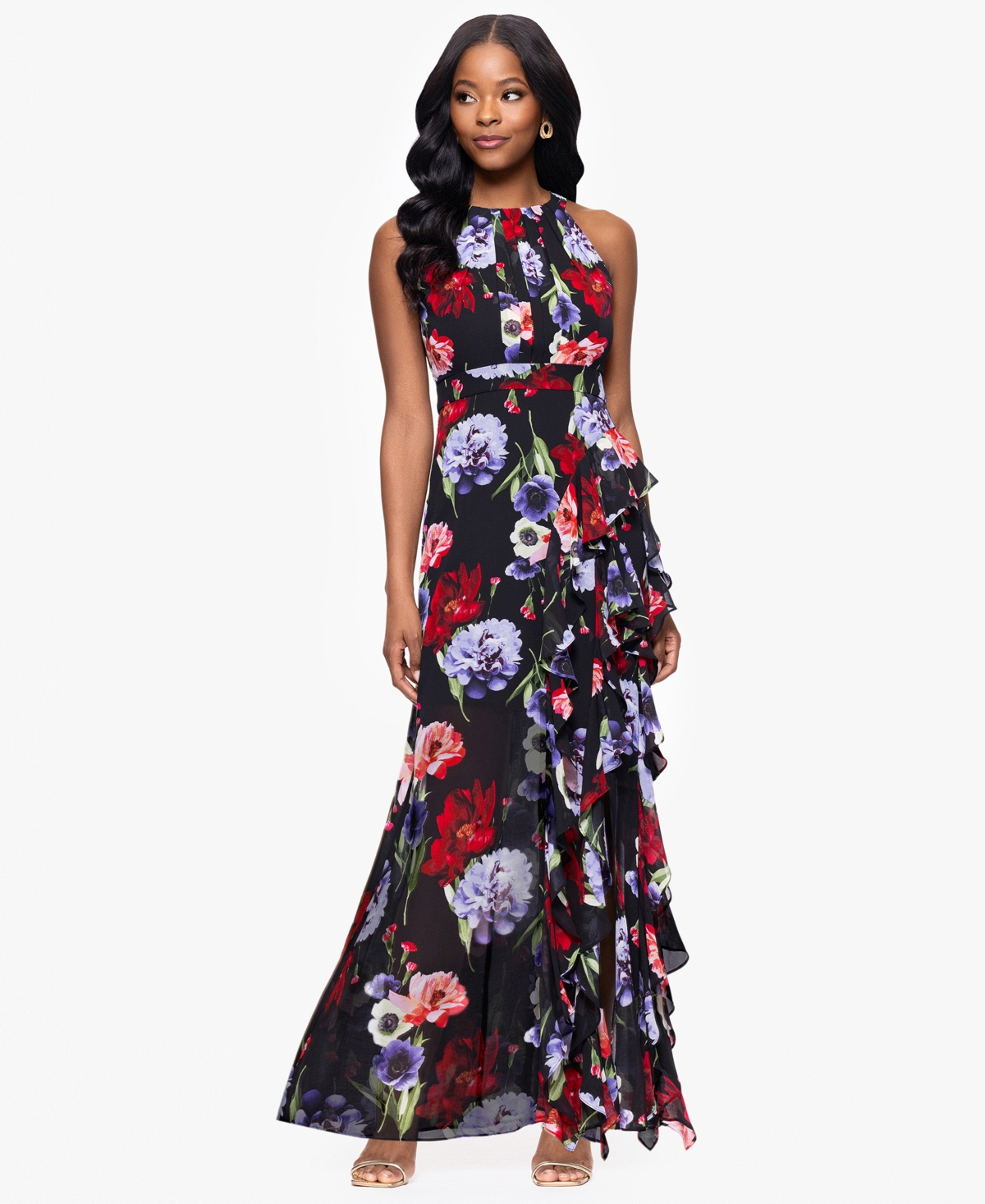 Petites Printed Long Halter Dress - Black Multi
