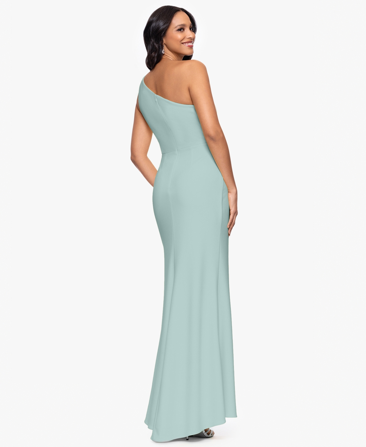 Betsy & Adam Petite One-shoulder Ruched Gown In Blue