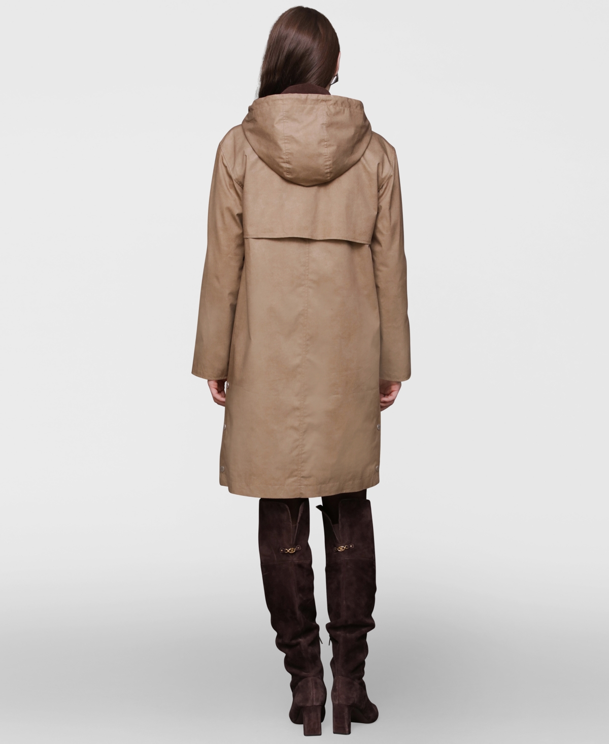 Avec Les Filles Longline Raincoat With Removable Hood In Brown