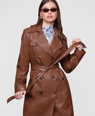 Women's Belted Faux-Leather Trench Coat