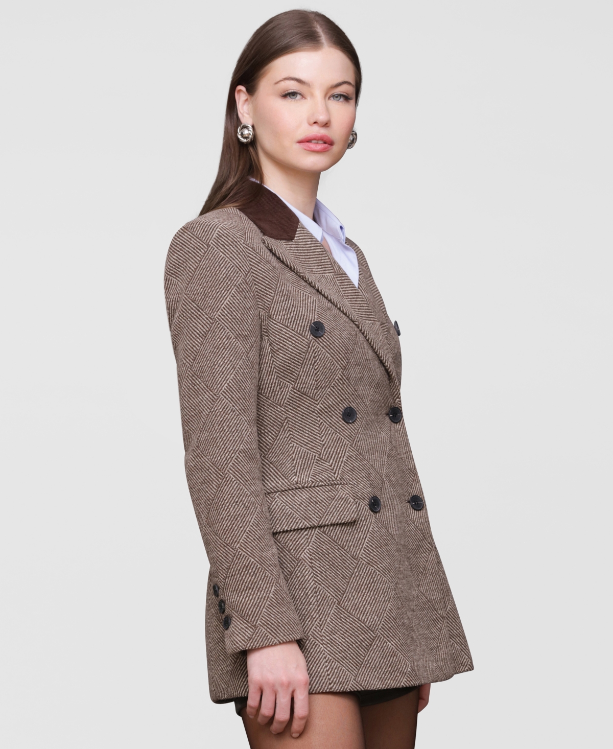 Avec Les Filles Basket Weave Doubled Breasted Blazer In Brown