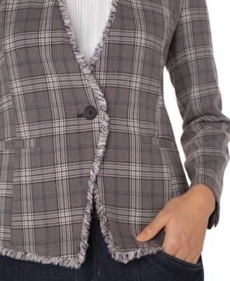 Petite Frayed-Trim Plaid Blazer
