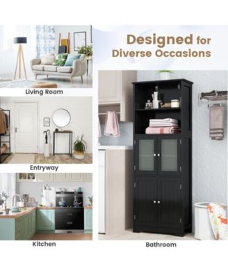 6-Tier Freestanding Bathroom Cabinet with 2 Open Compartments and Adjustable Shelves