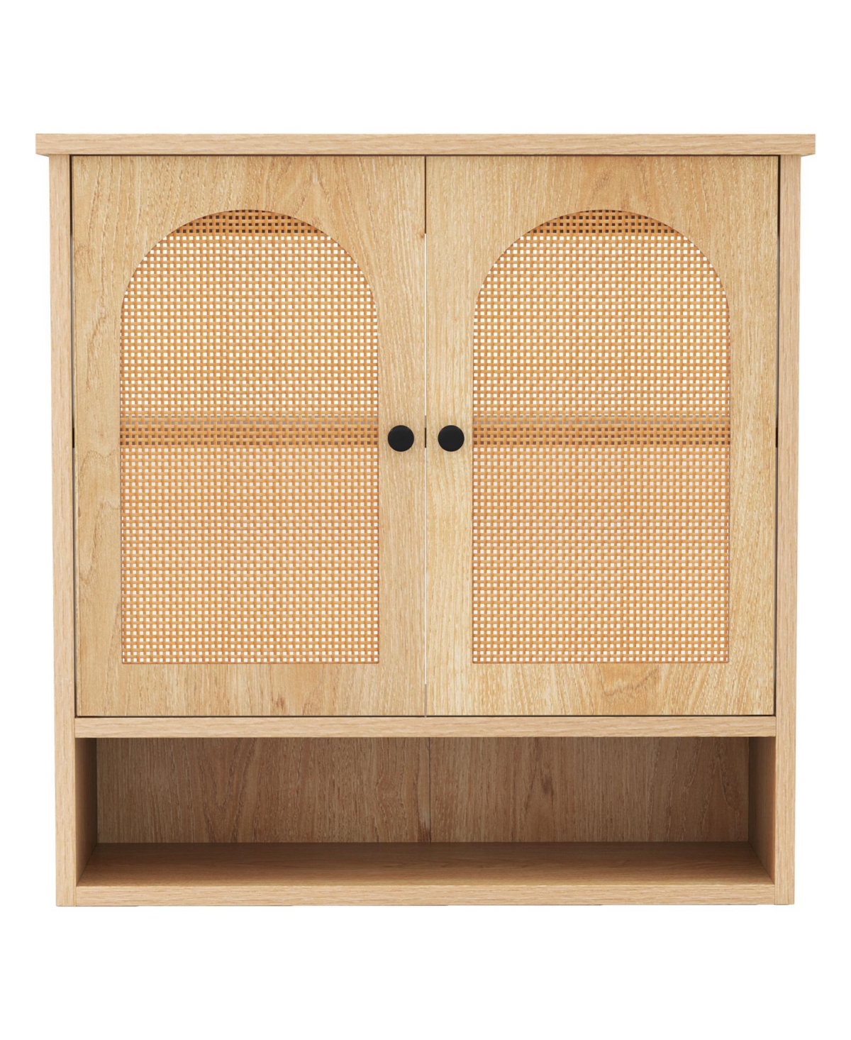 Bathroom Wall Cabinet with Adjustable Shelves Open Cube and Rattan Doors - Natural