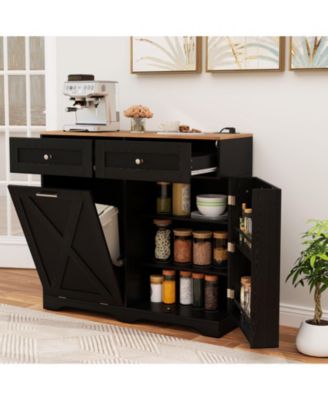 Tilt Out Trash Can Cabinet with Outlets and Adjustable Shelf