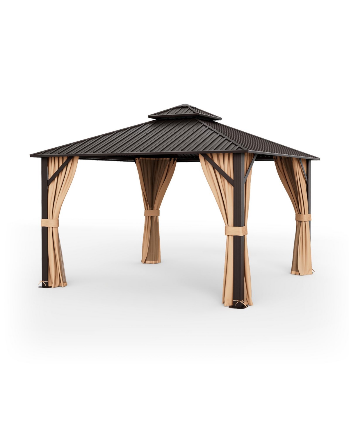 12 x 12 Feet Double-Roof Patio Hardtop Gazebo with Galvanized Steel Roof Netting and Curtains - Brown