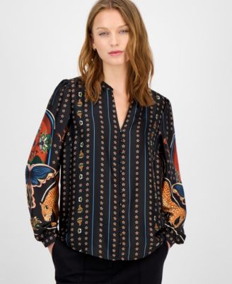 T Tahari - Women's Printed Split-Neck Blouse