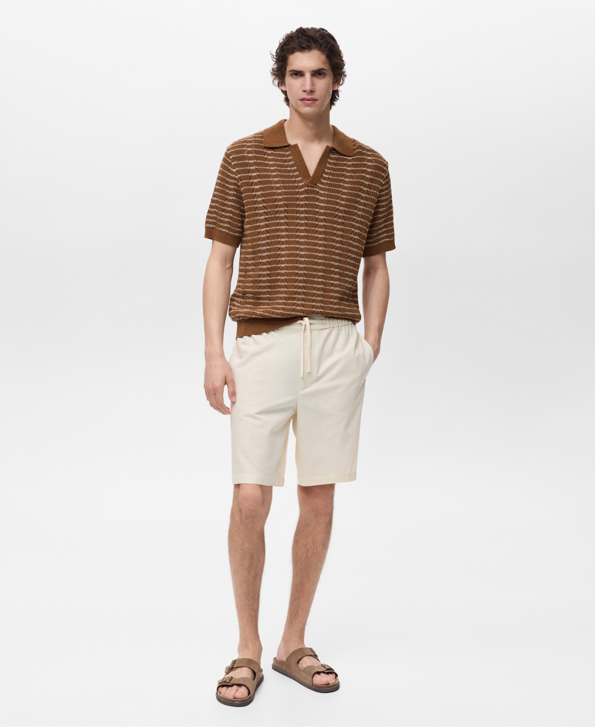 Men's Striped Openwork Knitted Polo Shirt - Brown