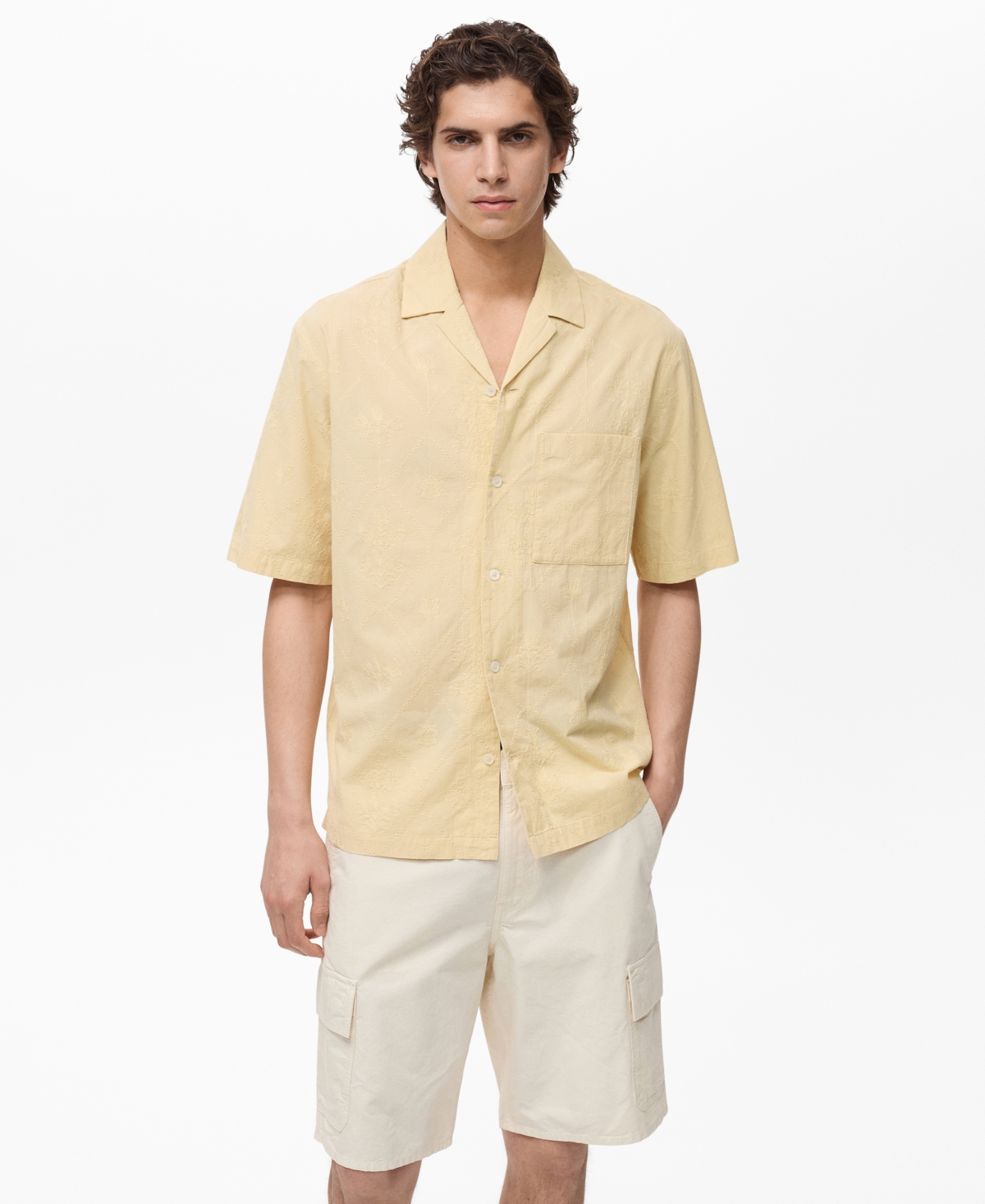 Men's Embroidered Bowling Collar Shirt - Vanilla