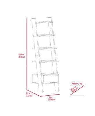 Kobe Ladder Bookcase, One Drawer, Five Open Shelves, Dark Walnut