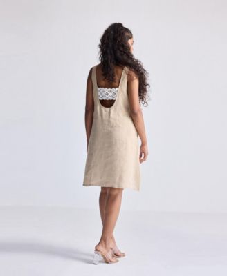 Women's Hemp Short Dress with Back Embroidered Lace Detail