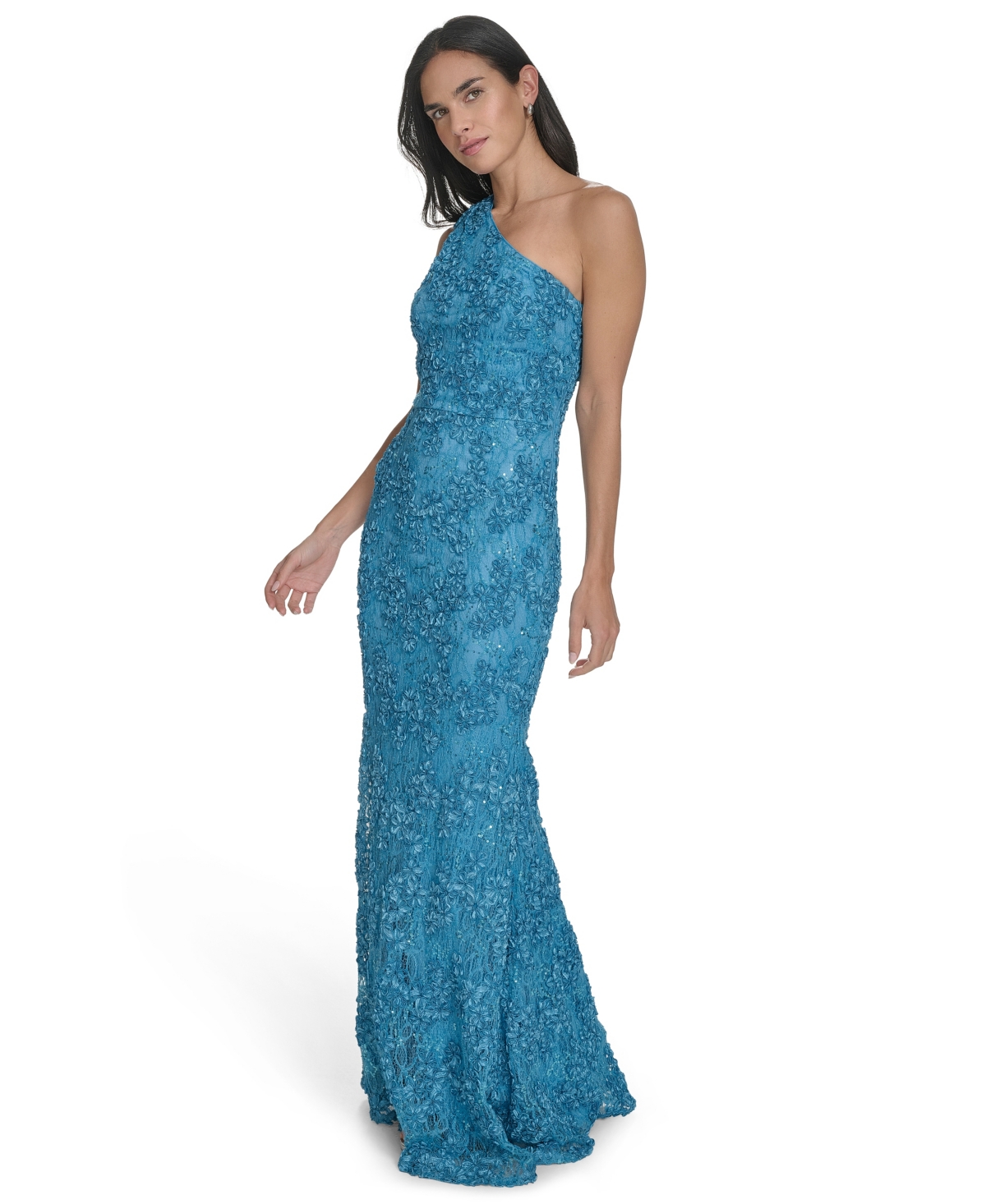 Jessica Howard Petite One-shoulder Sequin Lace Gown In Blue