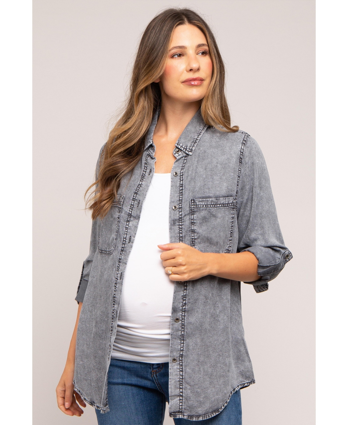 Maternity Charcoal Chambray Rolled Cuff Shirt - Light blue