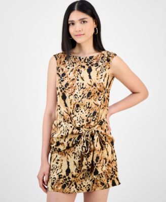 Women's Printed Round-Neck Sarong Mini Satin Dress, Exclusively at Macy's 