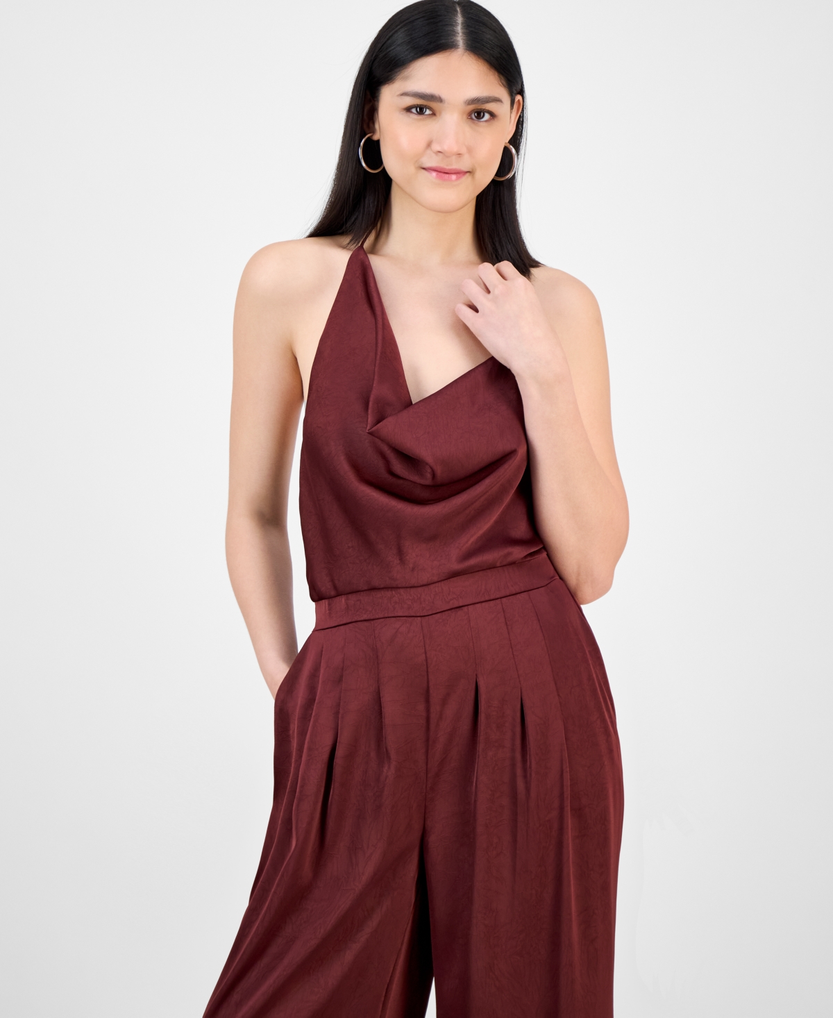 Bar Iii Women's Satin Cowl-neck Wide-leg Jumpsuit, Macy's Exclusive In Brown