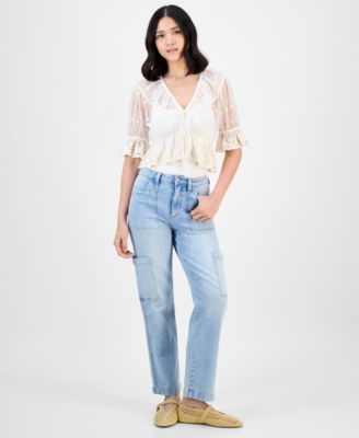 Women's V-Neck Ruffle-Trim Mesh Top, Exclusively at Macy's