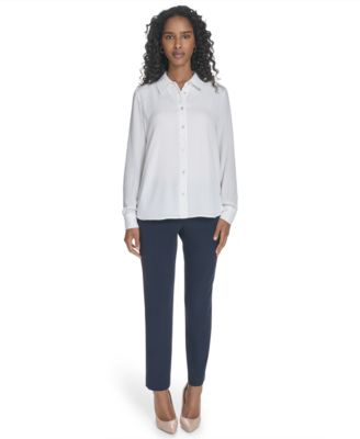 Women's Slim-Fit Pin-Dot Roll-Tab-Sleeve Shirt