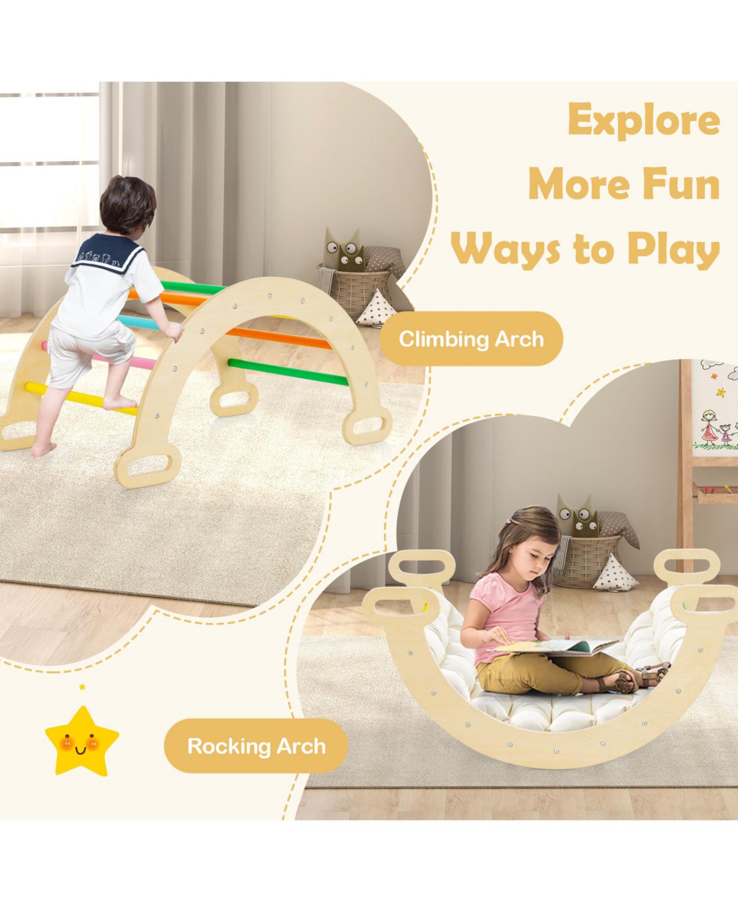 5-in-1 Wooden Triangle, Arch, and Ramp, 3-Piece Climbing Set