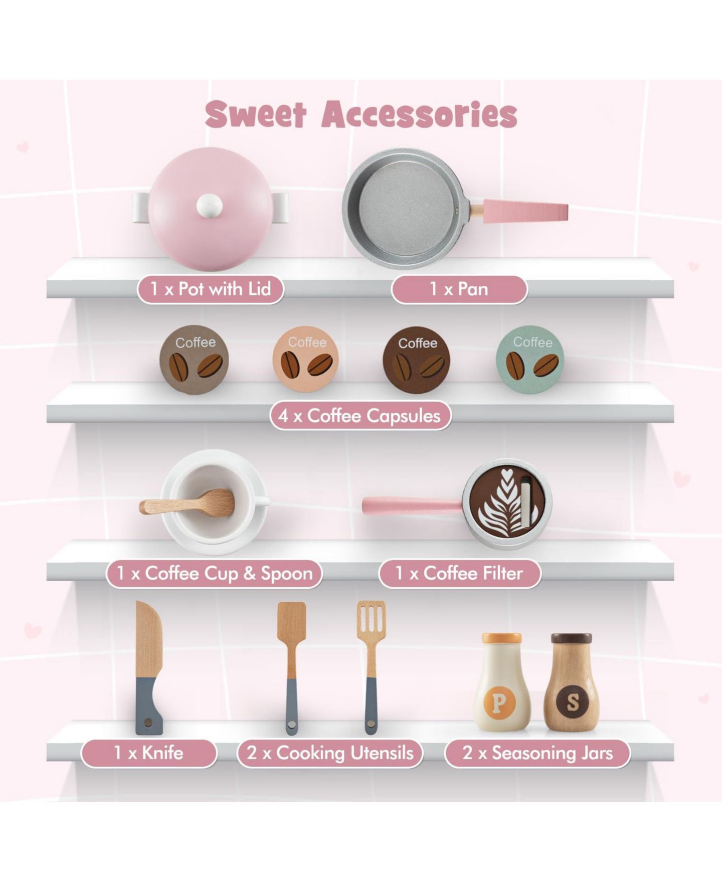 Детский игровой набор Mecale Wooden Coffee Maker Kitchen Playset, Ages 3+, цвет: Розовый — фото 8