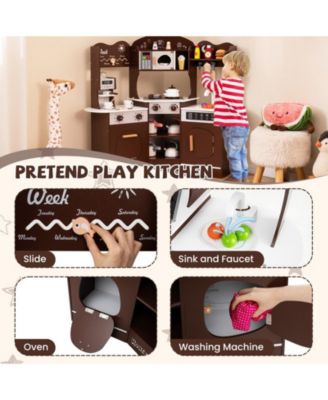Corner Wooden Play Kitchen with Coffee Machine and Slide for Kids