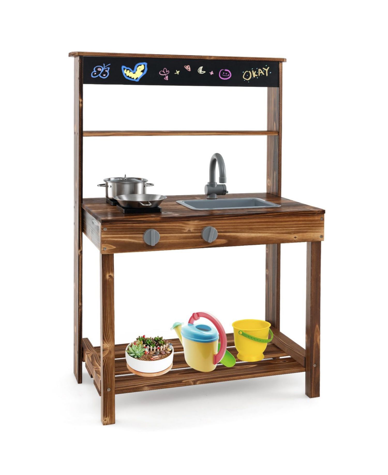 Mud Kitchen Wooden Water Play Activity Table with Planting Pots