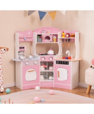 Corner Wooden Play Kitchen with Coffee Machine and Slide for Kids