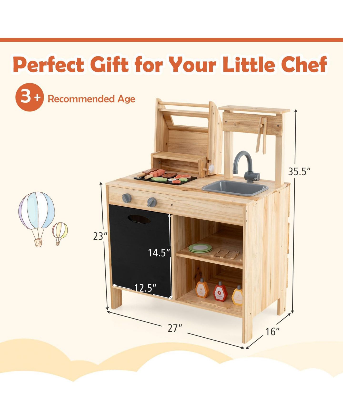 Детский игровой набор Mecale Wooden Barbecue Grill Playset with Chalkboard and Removable Sink, Ages 3+, цвет: Натуральный — фото 3