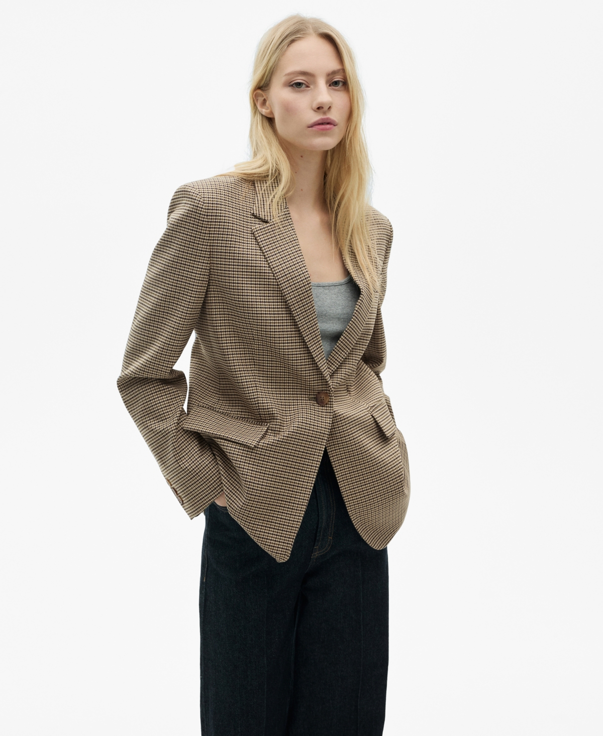 Women's Straight-Fit Micro-Houndstooth Jacket - Brown