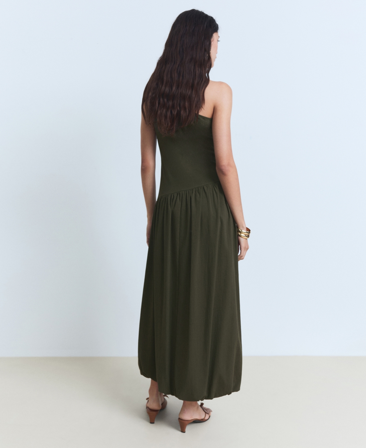 Mango One-shoulder Bubble Hem Midi Dress In Green