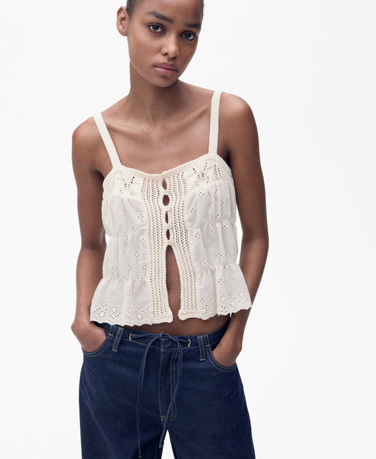 Women's Openwork Details Combined Top - Ecru