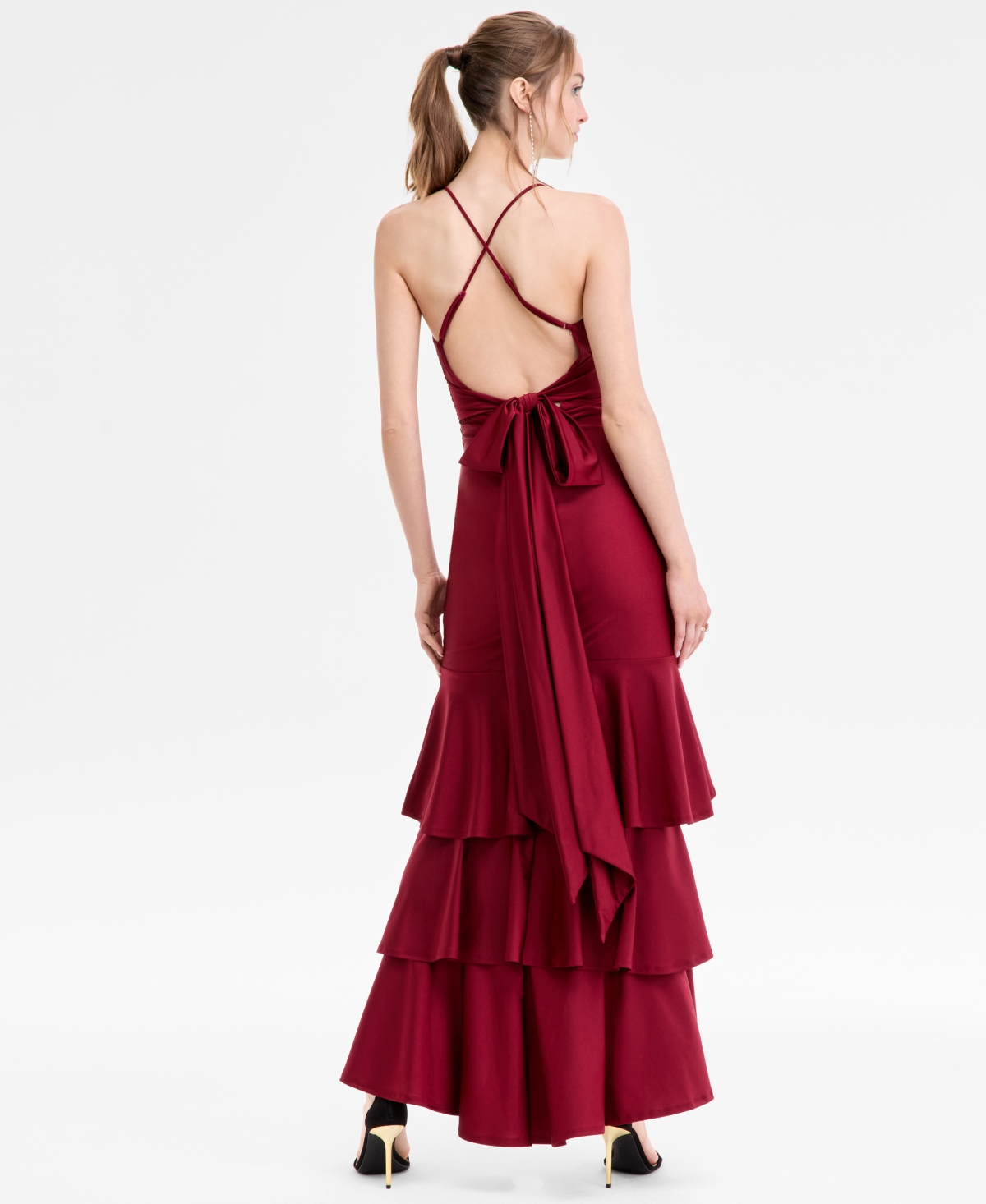 Katia Rae Juniors' V-neck Ruffled Tie-back Gown In Burgundy