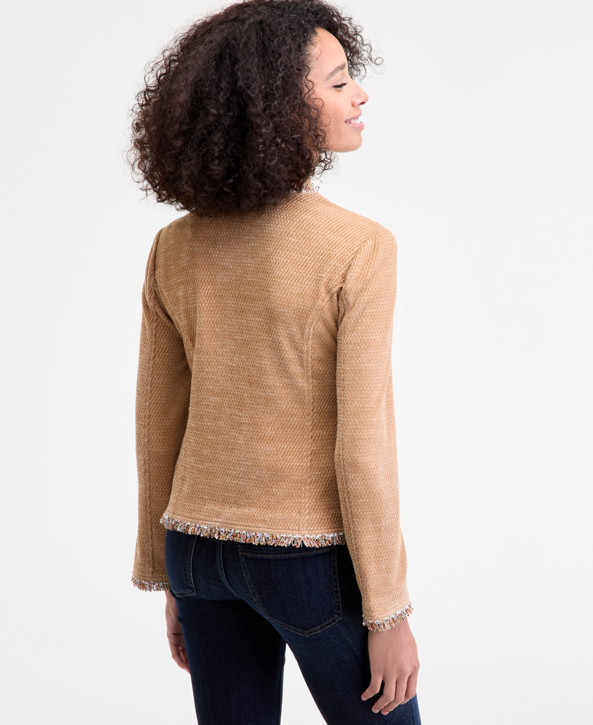 Liverpool Los Angeles Womens Collarless Fray Edge Jacket Sleeveless Woven To Knit Top Lucy Mid Rise Bootcut Jeans In Brown