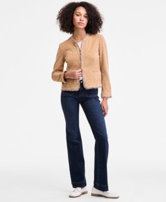 Liverpool Los Angeles Womens Collarless Fray Edge Jacket Sleeveless Woven To Knit Top Lucy Mid Rise Bootcut Jeans