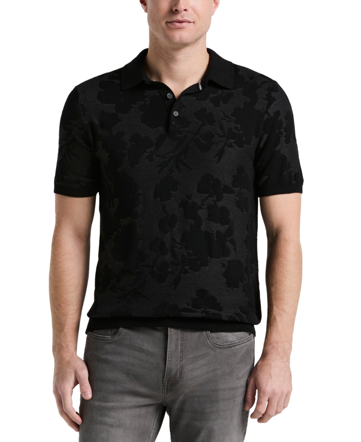 Men's Floral Jacquard Polo Shirt - Black