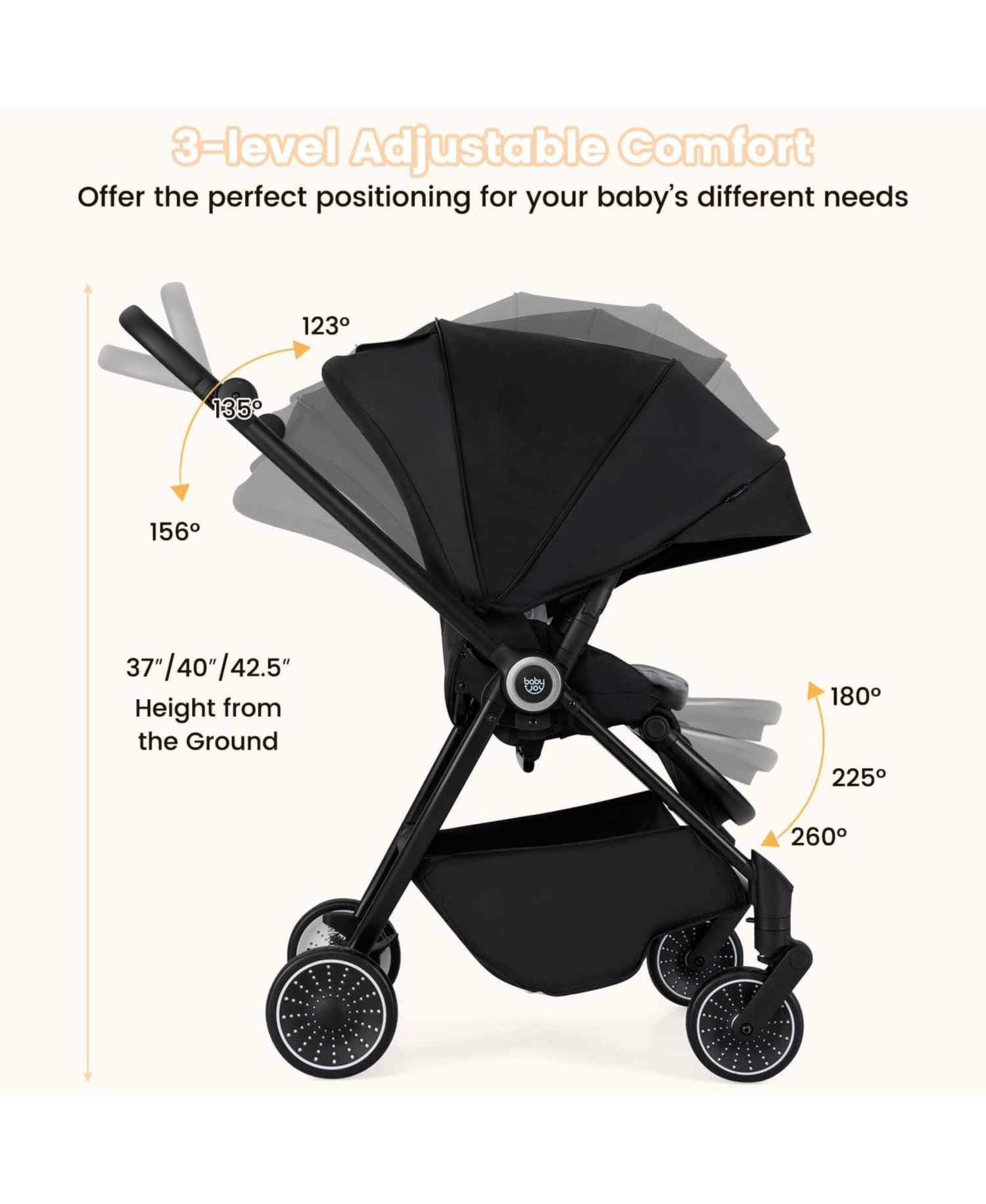 Baby Stroller Foldable Infant Pram with Reclining Backrest Handle
