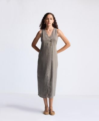 Straight Dress with Front Slit in Dark Green Hemp