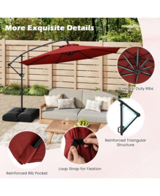 10 FT Solar Offset Hanging Umbrella Patio Cantilever Umbrella w/ 32 LED Lights