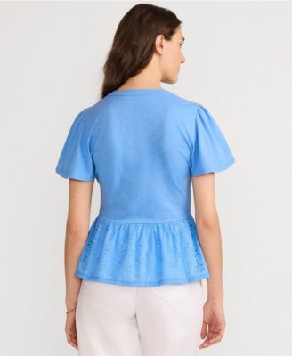 Women's Short Sleeve Mixed Media Eyelet Top