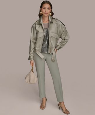 Donna Karan Womens Satin Zip Front Jacket Slim Leg Pants In Green
