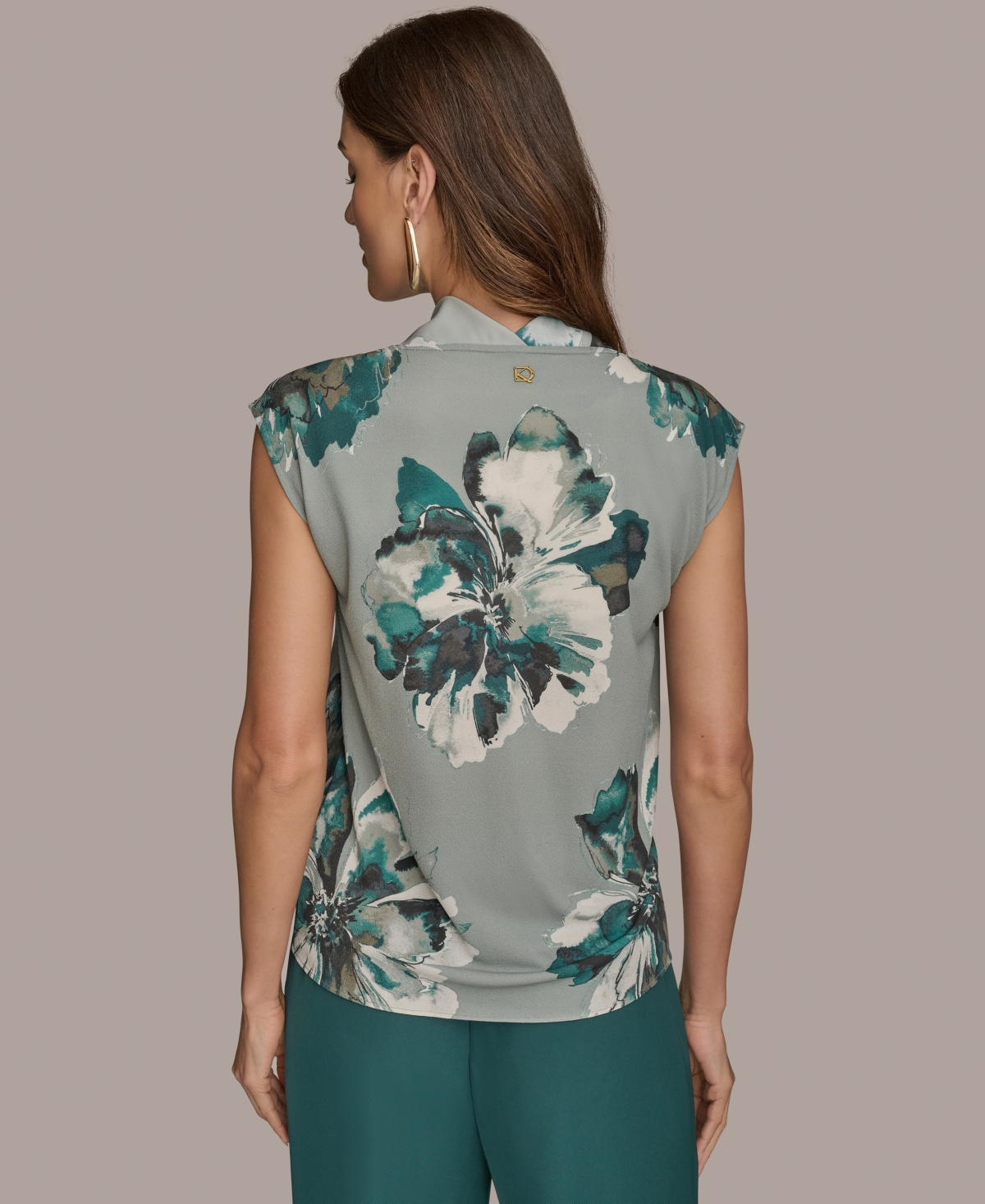 Donna Karan Printed Cap-sleeve Cowlneck Top