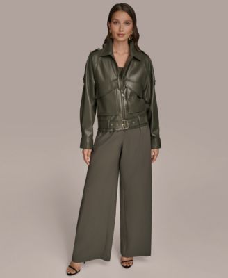 Women's Faux-Leather Zip-Front Belted Jacket