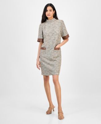 julia jordan - Women's Faux-Leather-Trim Tweed Shift Dress