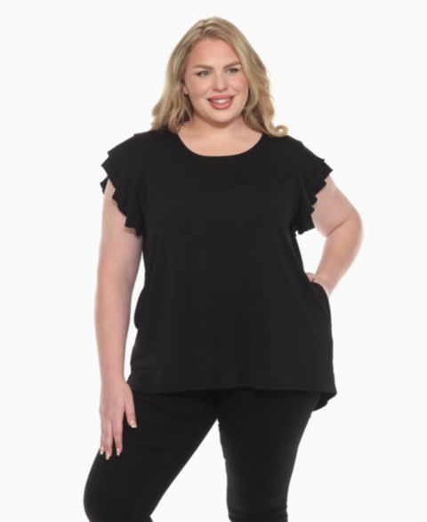 Женский топ White Mark Plus Size Ruffled Sleeve Solid, цвет: Чёрный