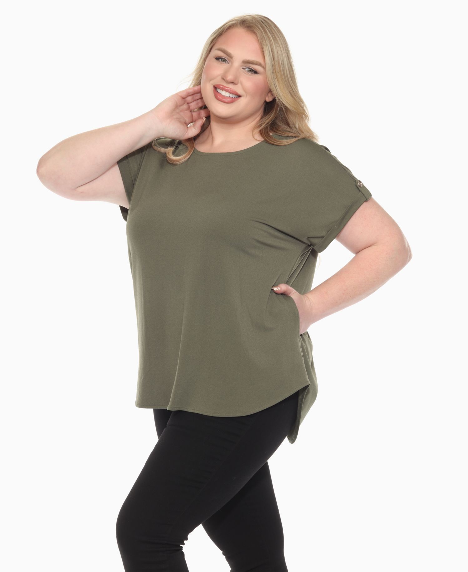 Plus Size Folded Short Sleeve Solid Top